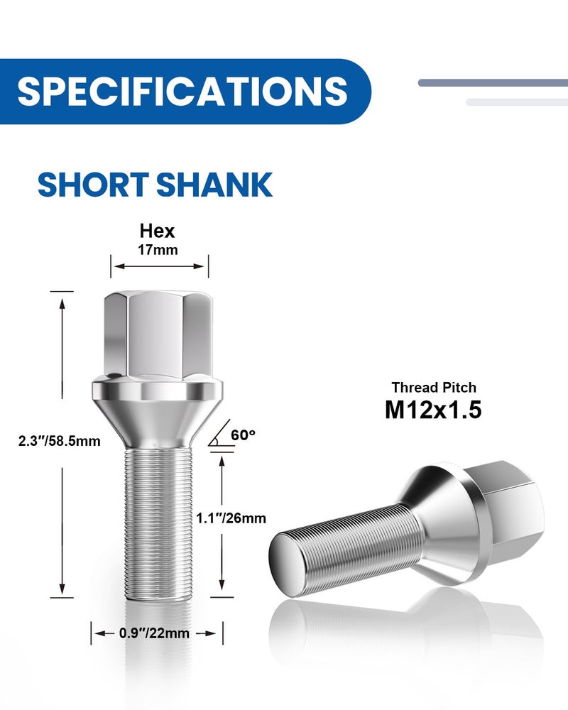 GAsupply 12X1.5 26mm Shank Lug Bolts Fit for BMW 128i 135i 318i 320i 325i 328i 335i M3 525i 528i 530i 535i M5 Z3 Z4 E36 E46 E60 E90 E92 E93, 20pcs OEM Length Wheel Bolts/Studs, 17mm Hex, Cone Seat - Image 2